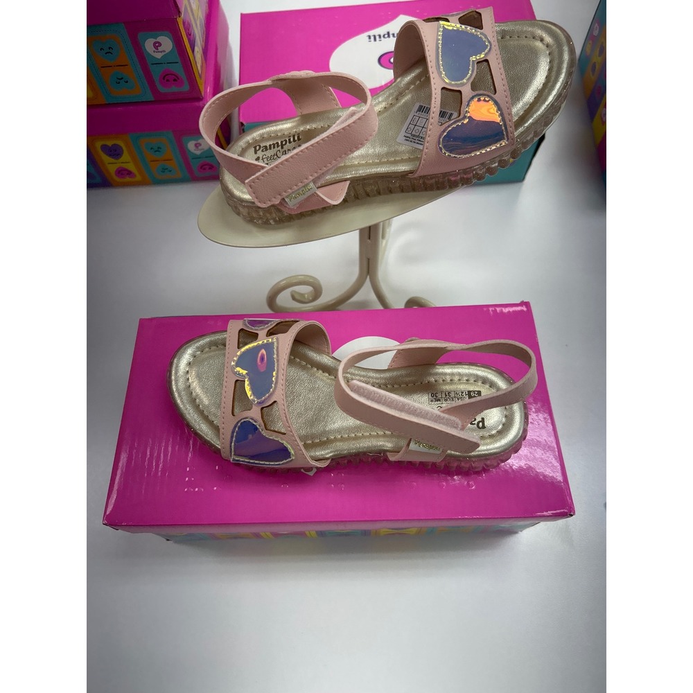 Pampili Girls Pink Holographic Heart Strappy Sandals Gold Footbed Size 12.5 US